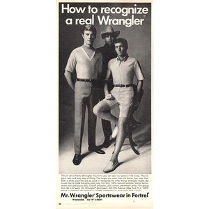 1968 Wrangler Jeans Sportswear in Fortrel Vintage Print Ad Cowboy hat Wall Art